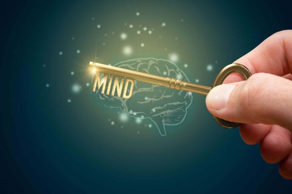 Key To Unlock Mind To Use Personal Potential To Increase Intellect. Creative Open Mind Concept. Mentor, Coach, Psychologist And Another Leading Person Has A Key To Open Hidden Potential Of Mind.